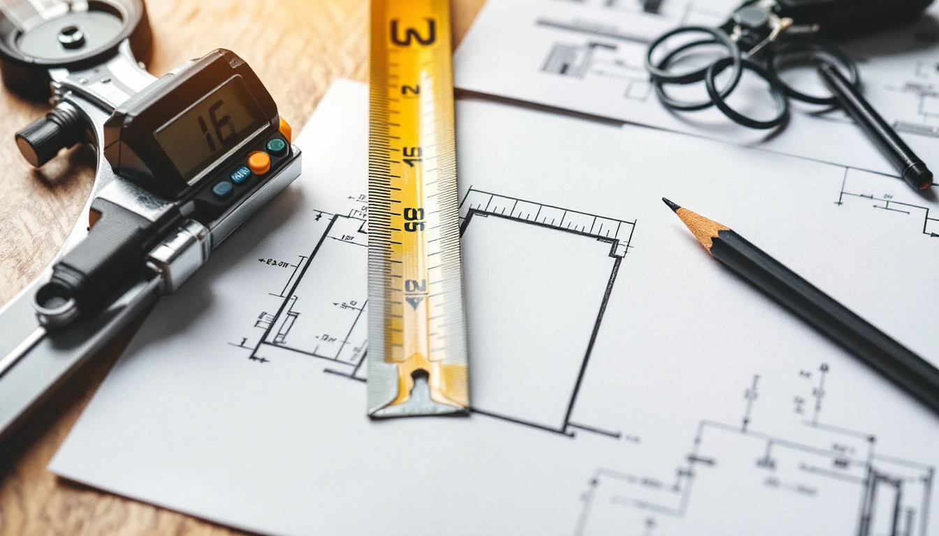 Measuring tools and a planning sketch on a desk