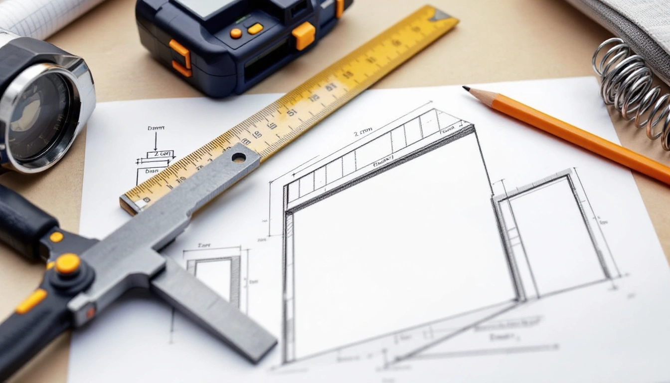 Measuring tools and a planning sketch on a desk