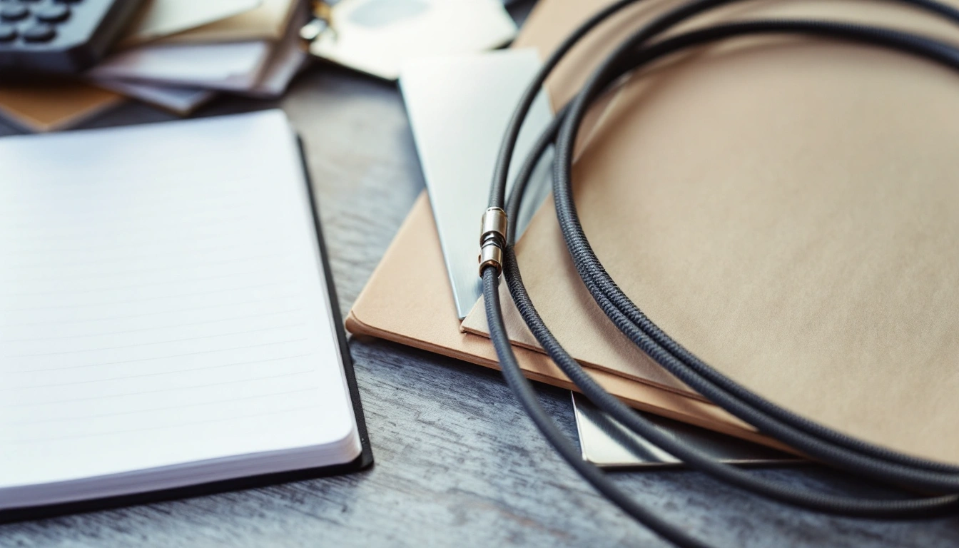 Cable samples and a blank notebook on a desk