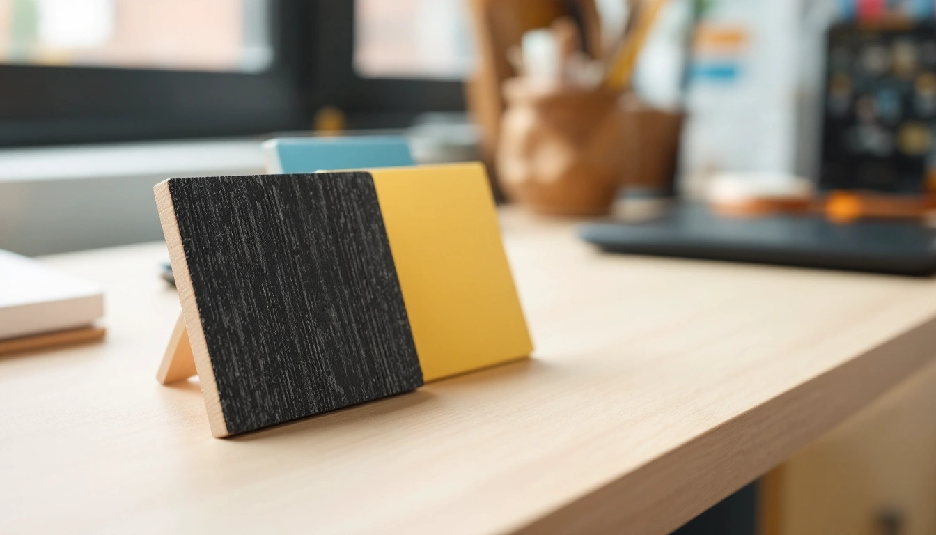 Wood and painted finish swatches on a desk