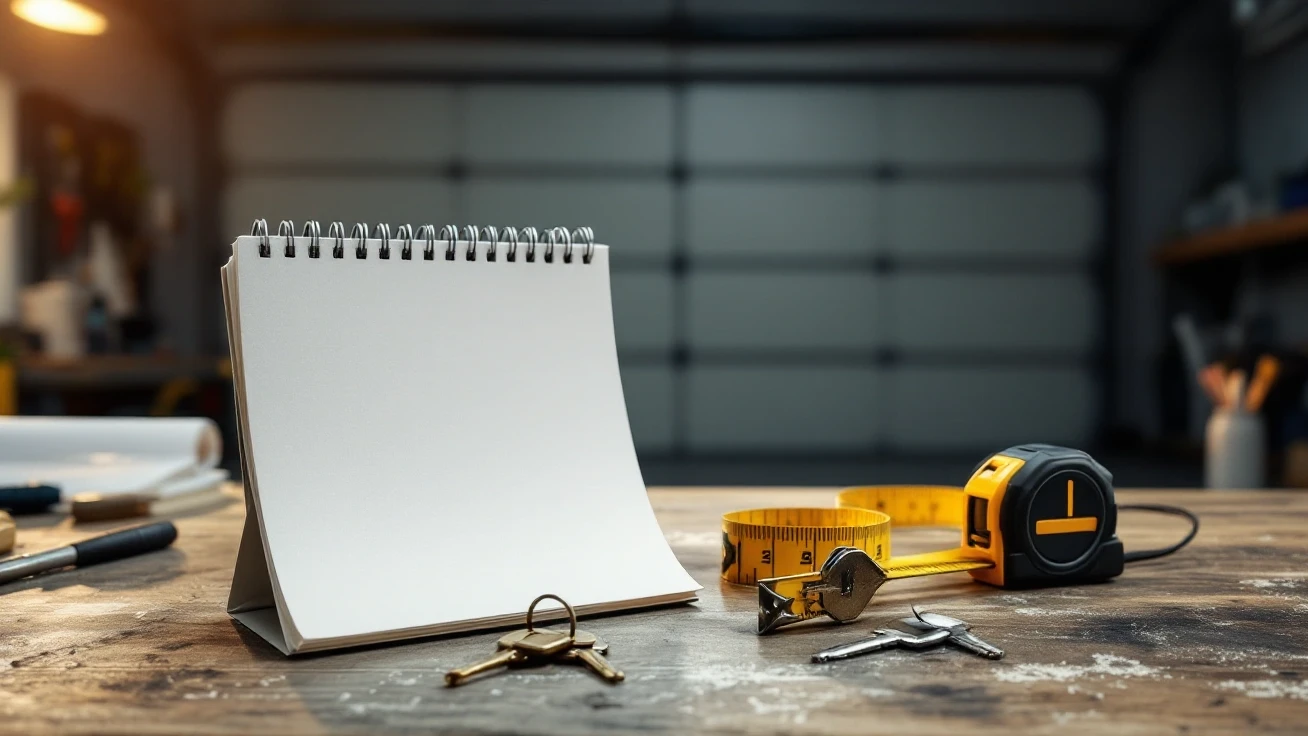 Blank spiral notebook, tape measure and keys on a bench in a garage