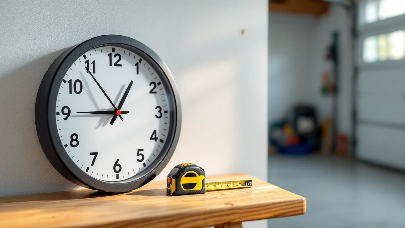 Wall clock and tape measure on a wooden bench in a sunlit garage
