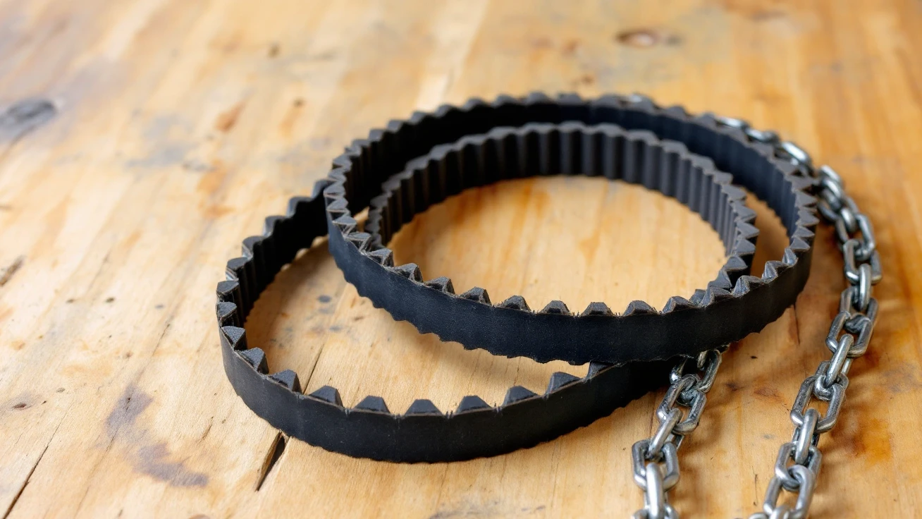 Black toothed rubber belts beside a metal chain on a wooden workbench