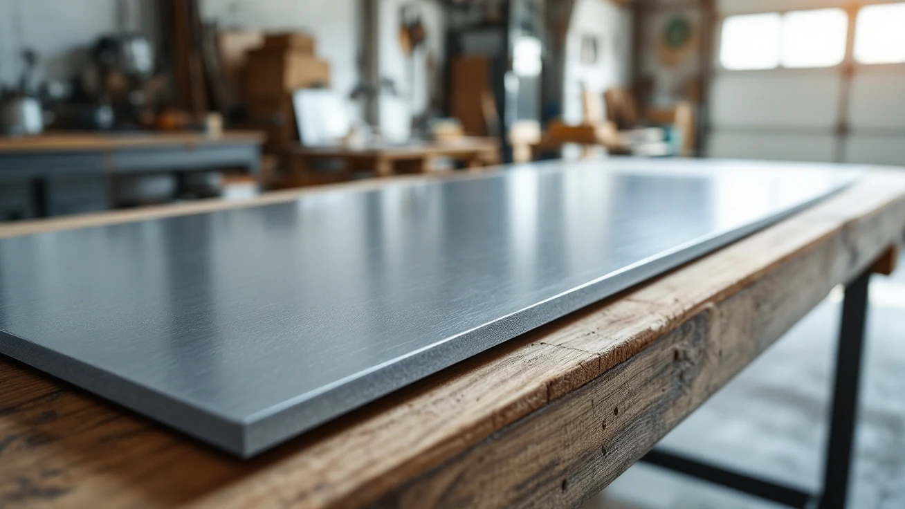 Plain steel panel samples resting on a wooden workshop bench