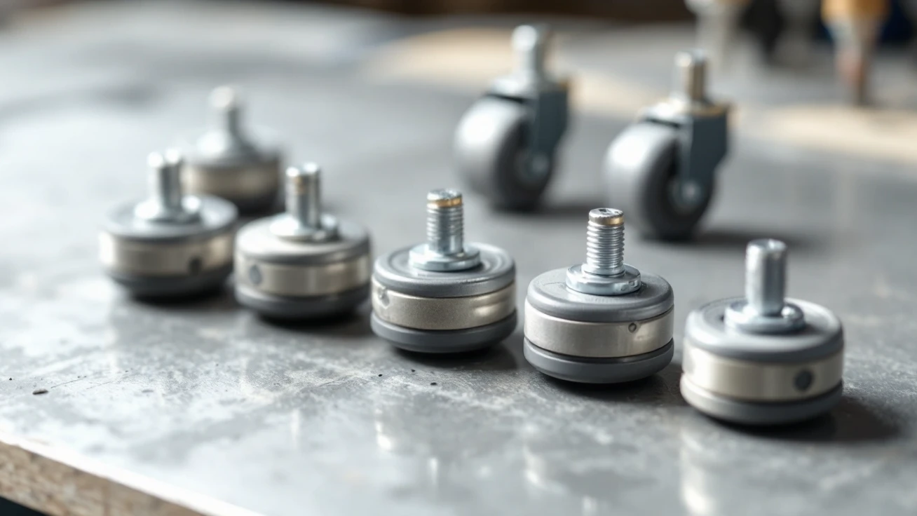 Small plain steel wheels arranged on a gray workbench