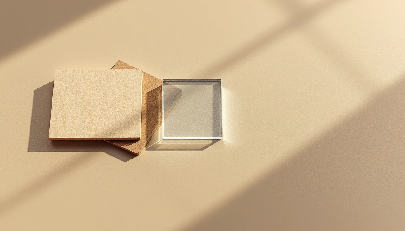 Small glass and wood samples on a plain desk