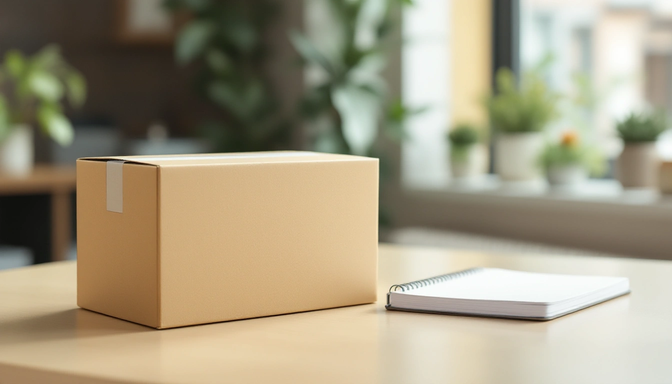 Plain box and blank notebook on a desk