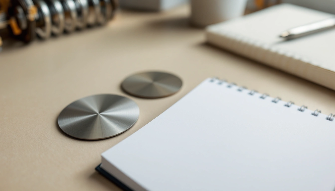 Metal finish samples beside a blank notebook