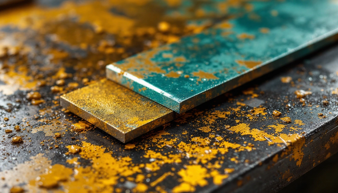 Chipped teal and yellow painted metal samples on a rough work surface